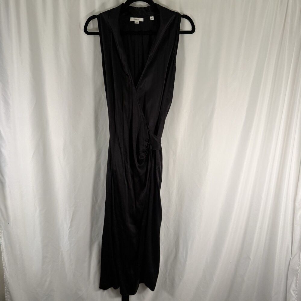 Vince Dress Women's XS Solid Black Wrap Tie Back Sleeveless Midi Vneck